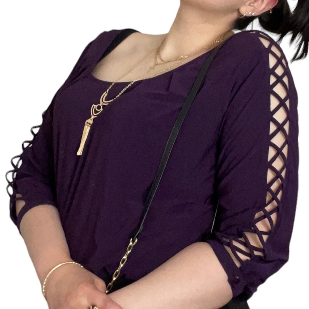 👾 Womens Blouse Purple Plum Sleeves Shoulder Expose off open